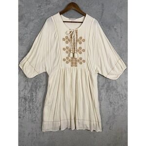 Knox Rose Dress Womens Sz L Cream Boho Cross Stitch Lined Tassel Peasant Tunic